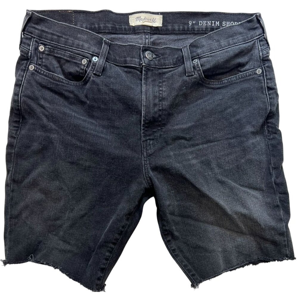 Madewell Womens 9" Denim Shorts Raw Hem Stretch Size W 35 Black Solid Dark Wash